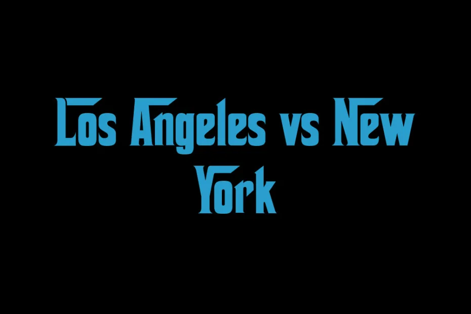 Los Angeles skyline with tall buildings contrasted against the New York City skyline at sunset.